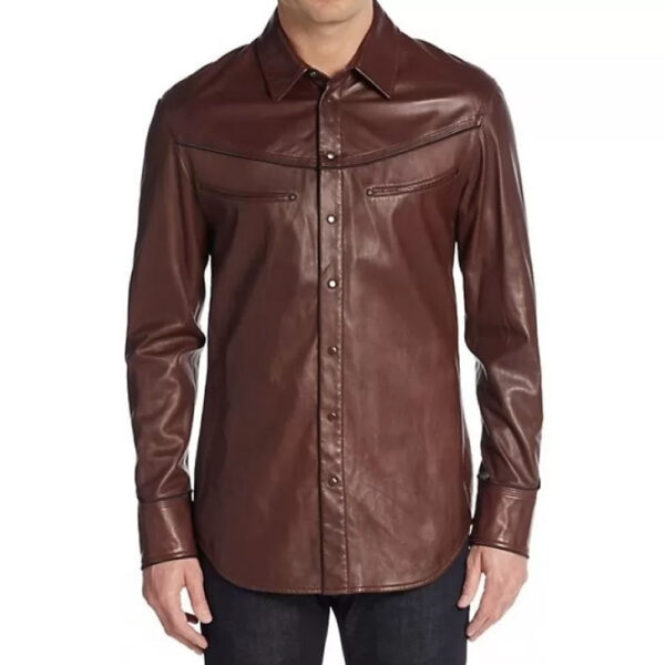 Mens Bold Fashion Real Sheepskin Brown Leather Shirt