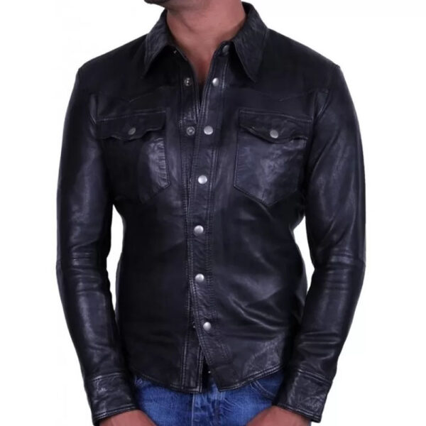 Mens Classy Look Real Sheepskin Black Leather Shirt